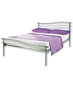 Chrome coloured frame with wave style head and footboard. Gauge deluxe sprung mattress.Overall size