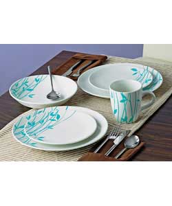4 place settings.Set contains 4 dinner plates, 4 salad plates, 4 soup bowls and 4 mugs.Dinner plate