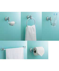 Satin chrome finish. Comprises towel rail, towel ring, toilet roll holder, tumbler holder with