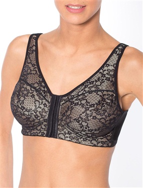 Two-Tone Front Fastening Non-Wired Bra. The two-tone lace looks absolutely stunning on this non-wired bra. Whats more, with its front fastening, it is really easy to put on. It has 3-section cups with lined lace, side boning and stretch tulle back. W