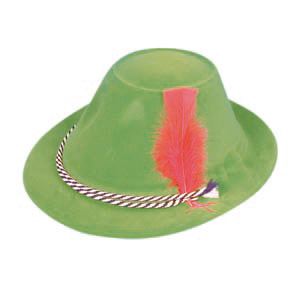 This hat would suit any Robin Hood or Tyrolean night party theme. Flock covered plastic hat, very go