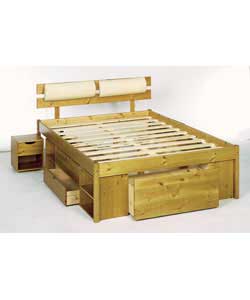 Light antique pine coloured bed with 2 chunky pine rails in headboard and comfortable foam headpads 