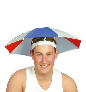 An inspired invention which leaves your hands free as you walk in the rain. An umbrella hat might