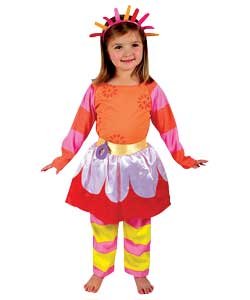 Multi coloured dress up outfit includes leggings with skirt attached, top and headband. Material 100