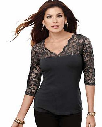 The soft, elasticated lace on the front, shoulders and on the three-quarter length sleeves offers a tantalising glimpse of your skin. The curved v-neckline adds a further romantic touch. Top Features: Lace detail Three-quarter length sleeves Delicate