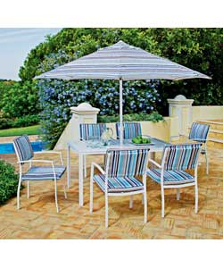 White.Rectangular steel table with 6 steel stackable chairs.Includes polyester chair cushions.Weathe