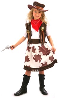 Your gal will have some fun at the barn raisin` in this fun costume. The cow print with fringed