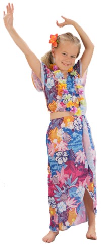 Walk the beach in this tropical floral print costume. Perfect costume for a Hawaiian Luau or Summer