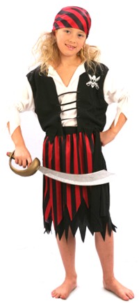 Try on this pirate girl`s costume with skirt and shirt and get right into this years hottest party