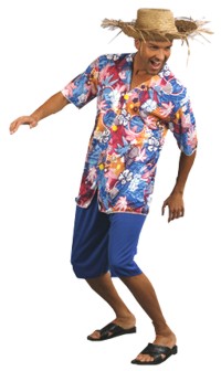 Wear this outrageous print shirt and shorts to the beach party and the hat is included.