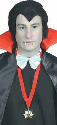 Quickly and easily transform yourself into a vampire with this handy kit containing a wig, teeth,