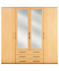 Beech finish wardrobe with thick tops and rounded front edges. Size (H)206, (W)198, (D)58. 3 hanging