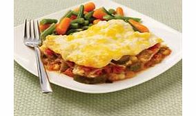 A tasty vegetable and tomato sauce layered between sheets of pasta and topped with vegetarian cheese sauce and golden vegetarian Cheddar. Served with carrots and green beans.