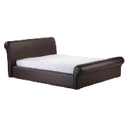 This chocolate faux leather sleigh bedstead has a wooden slatted base.  %PRODUCT_FEATURES%