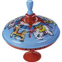 This is a traditional toy that hums softly as the colourful `circus carousel` whizzes around - and