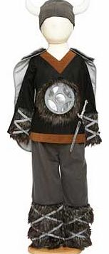 A four piece viking outfit in black. grey and brown. The tunic is finished with a chest emblem. the sleeves have faux fur gauntlets and the trousers have a mock effect furry boot feature. This style comes with a fur trimmed cape and a soft Viking hat
