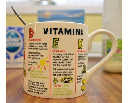 Vitamins A to K MugWe all need to eat well, a good diet with a balance of vitamins and minerals, but do you really know why we need the vitamins?Well, while youre sat eating your breakfast, lunch or any meal, with your favourite hot drink, this funky