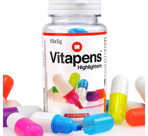 Vitapens Mini Highlighters Vitapens are a set of 10 mini highlighters! They are in the shape of large pills and are supplied in a mix of purple, blue, yellow and orange. The pens are presented in a pill bottle which measures around 11 cm x 6 cm x 6 c