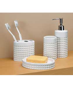 Includes toothbrush holder, tumbler, soap dish and lotion bottle with chrome plated effect pump.Whit