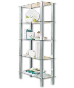 Pewter coloured metal frames with clear glass shelves. 4 internal shelves. 1 external shelf. Size