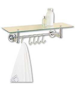 Wall mounted glass shelf with steel rack and hooks. Complete with fixtures and fittings. Overall