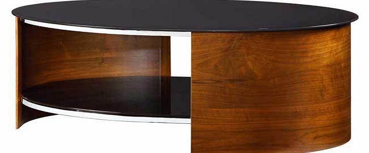This oval walnut veneer coffee table features a glass inlay. The piano black glass top and shelves make this a really striking piece of furniture. Size H66. W46. D119cm. Weight 20kg. General information: EAN: 5055529726837. Maximum load weight 25kg. 