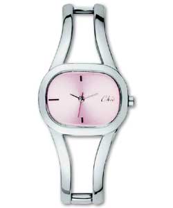 Pink dial.Quartz analogue movement. Stainless steel case back