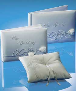 Rose design.Set includes album, guest book and ring cushion.
