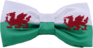 A lovely Wales flag pre-tied bow tie with a large red Welsh dragon on either side.