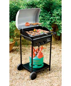 Composition hood, firebox, four legs cart, removable side table handle and metal base.Piezo igniter.