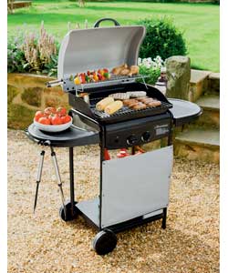 Composition hood, firebox, four legs cart, two side tables and metal base.Piezo igniter.Uses propane