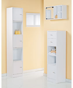 Wall cabinet, tall and medium storage unit and wall mounted mirror.12/15mm particle board, white fin