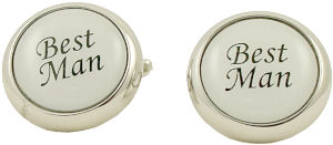 A great set of silver-coloured metal cufflinks with the words Best Man in black on a white coated ba