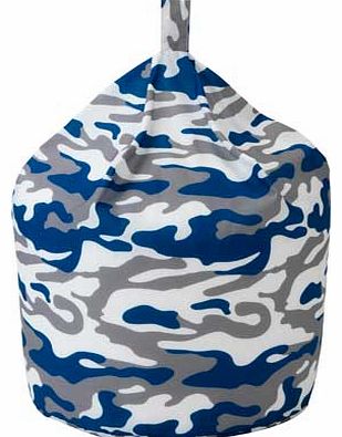 Blue. grey and white camouflage patterned beanbag. made from hard wearing cotton twill and filled with long life polystyrene beads. Size H45. W45. D60cm. Weight 1.26kg. Sponge clean only. EAN: 5060249681489. (Barcode EAN=5060249681489)
