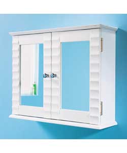 Made from pine wood and MDF. With double mirror doors and 1 inner shelf. Size (W)56, (D)16.5,