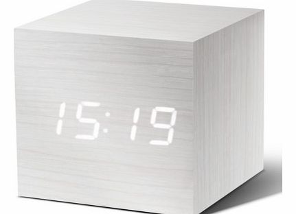 White Cube Click-on Alarm Clock with White LED DisplayThis clever little cube is more than just an alarm clock, its packed with a multitude of functions for its compact size.With a stylish cubed white wood-effect design and numbers that seem to float