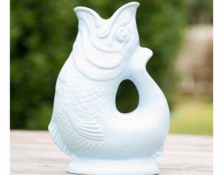 White Gluggle Jug. Gluggle jugs are traditional fish shaped water pitchers that were first made in England in the 1870s and which became increasingly popular after they were given as a gift to Queen Elizabeth in 1958. When the White Gluggle Jug is fi