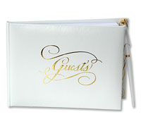 white/gold guest book with pen