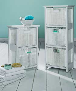 5 drawers in white rattan effect.Size of 3 drawer unit (W)34, (D)24, (H)80cm.Size of 2 drawer unit (