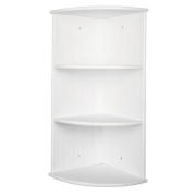 Practical white wood three tier wall-mounted corner shelf unit ideal for the corner space in your ba