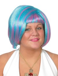 Really bright blue bob wig with pink streaks - fantastic for outer space parties or anime cosplay