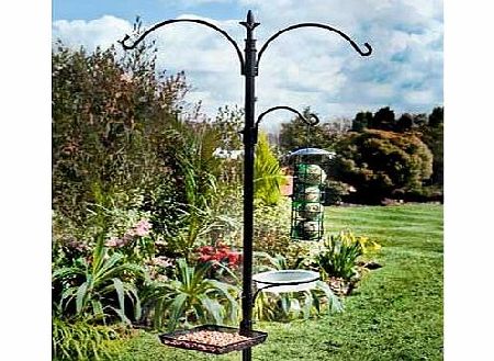 Kit includes, decorative twin hook with fleur-de-lys finial, bird bath support ring, small feeder