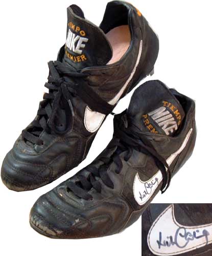 This very rare item of memorabilia is a signed pair of match worn Will Carling rugby boots from the 