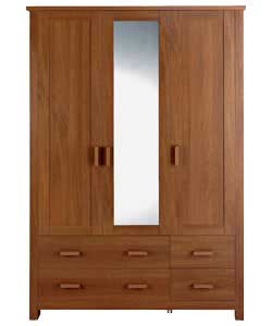 Dark beech-effect finish with wooden handles. 2 shelves and 2 hanging rails. Mirror on centre door