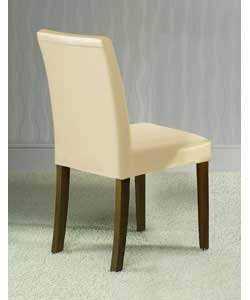 Size (W)43, (D)52, (H)85cm.Weight 11kg per pair.Solid wood chairs upholstered with Leather Effect se