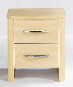 Maple-effect chest with curved top. Curved, chrome-effect metal handles. 2 drawers with metal