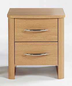 Oak-effect chest with curved top. Curved, chrome-effect metal handles. 2 drawers with metal