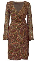 Mock wrap detail dress in beautiful polyester georgette fabric. Length: 42ins. Unlined. Washable