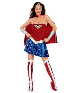 Sexy Wonder Woman dress, cape, belt, headpiece, boot tops and gauntlets.Dress size 14-16.100 polyest