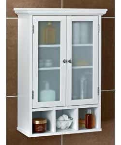 Pine and MDF with white finish.2 glass doors.3 cubes.2 adjustable shelves.Wall cabinet, complete wit